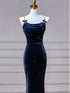Navy Blue Mermaid Straps Velvet Long Party Dress, Navy Blue Velvet Long Prom Dress
